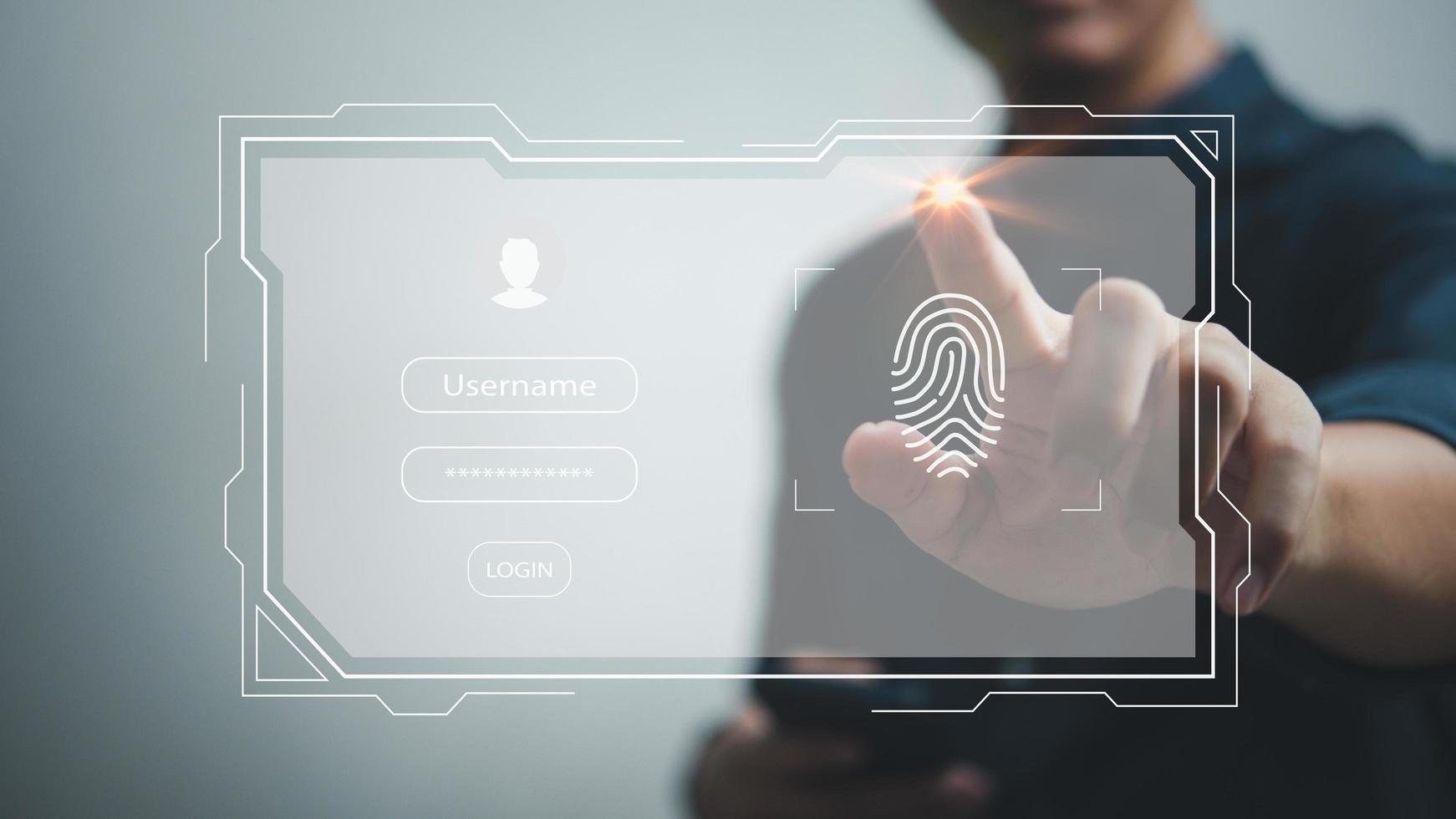 scan fingerprint into computer system with login and password man touching virtual screen photo