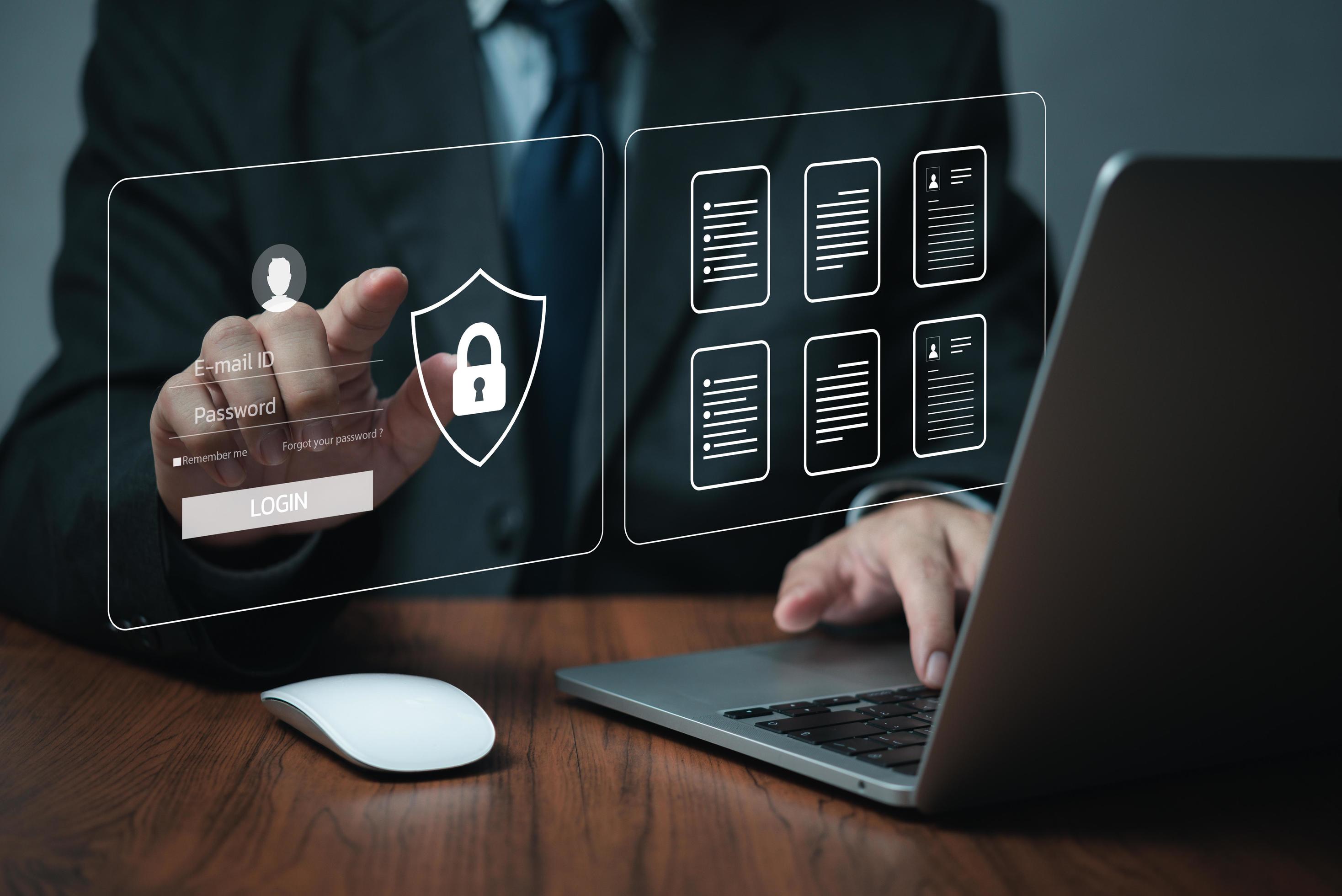 Protect document information security privacy file in laptop virtual screen. 13148790 Stock