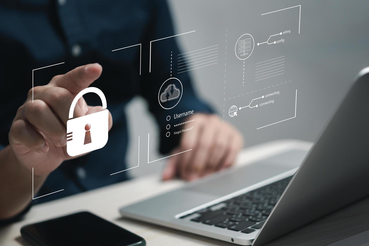 Protection personal data against hackers. Security internet access of personal data.identification information security and encryption.man typing login and password on virtual screen. photo