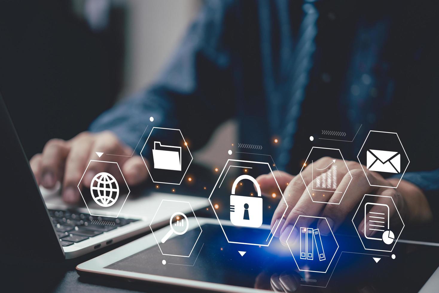 protecting online information systems via the Internet with encryption through protection against cyber theft. photo