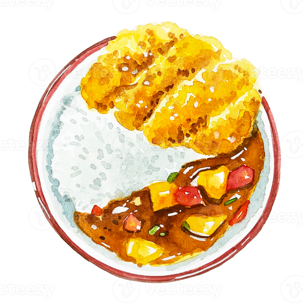 Watercolor Japanese food, tonkatsu curry rice bowl png