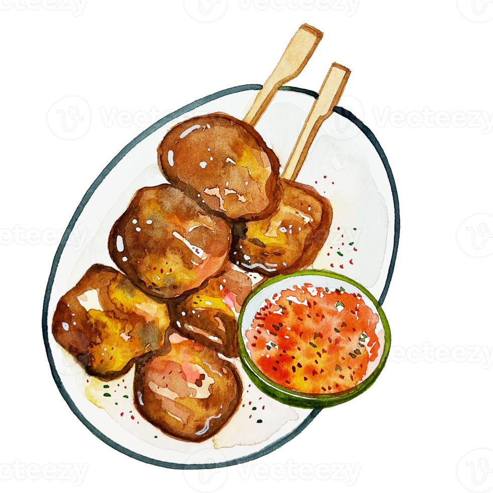 Watercolor, Japanese food, grilled meat dipped in chili mala. png