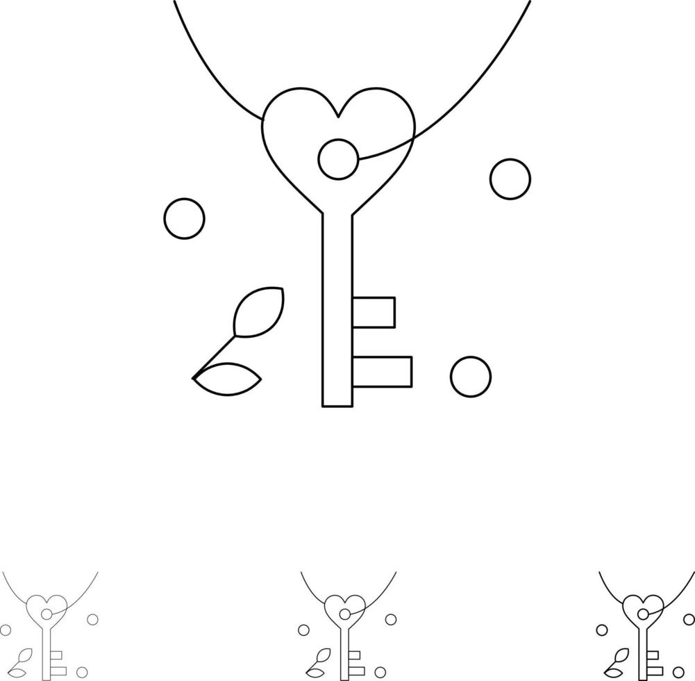 Key Love Heart Wedding Bold and thin black line icon set vector