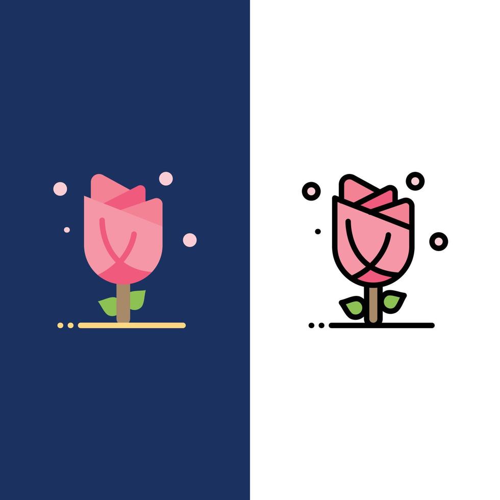 flora floral flor naturaleza rosa iconos planos y llenos de línea conjunto de iconos vector fondo azul