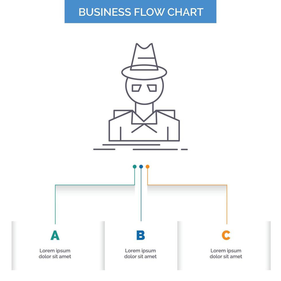 Detective. hacker. incognito. spy. thief Business Flow Chart Design with 3 Steps. Line Icon For Presentation Background Template Place for text vector