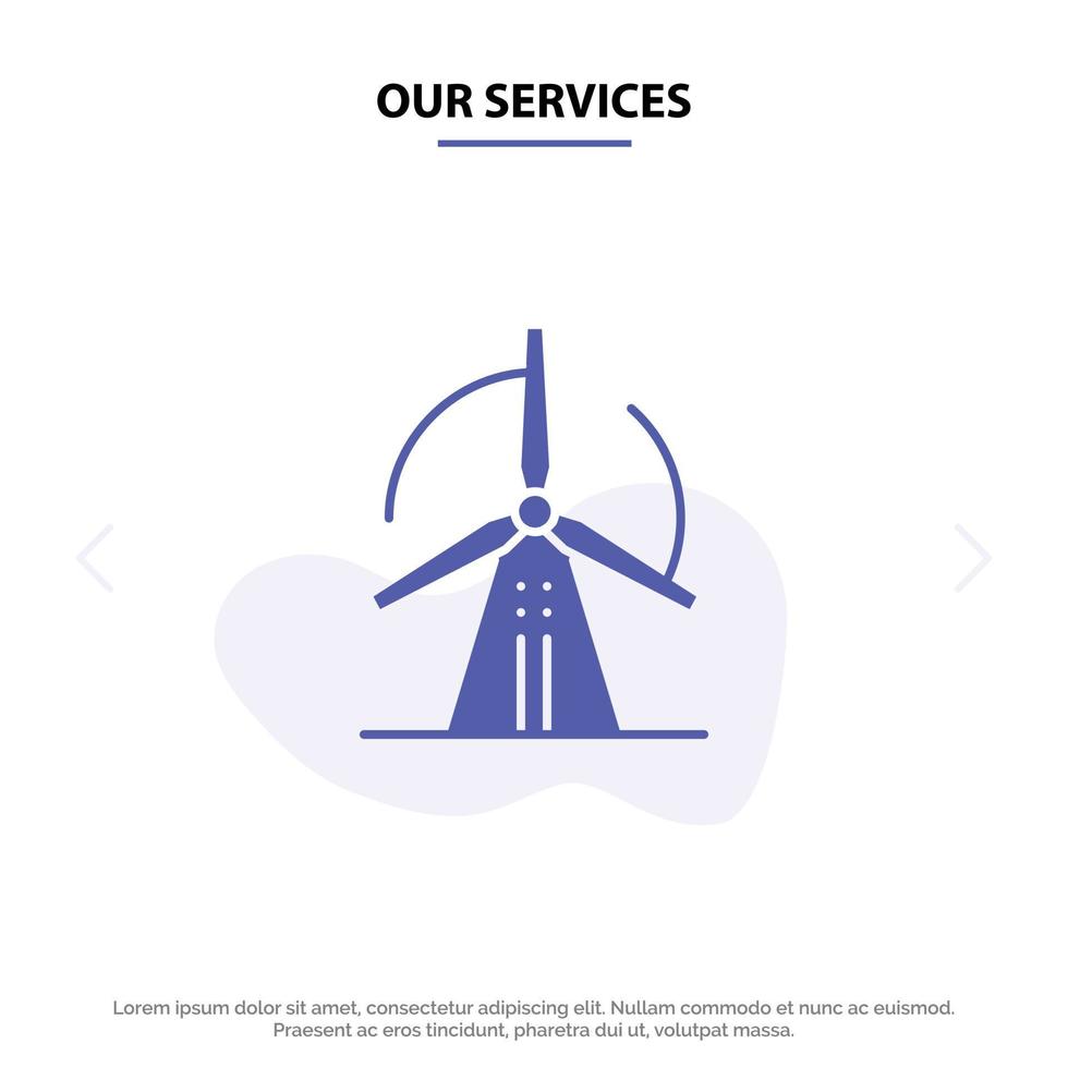 nuestros servicios turbina energía eólica energía glifo sólido icono plantilla de tarjeta web vector