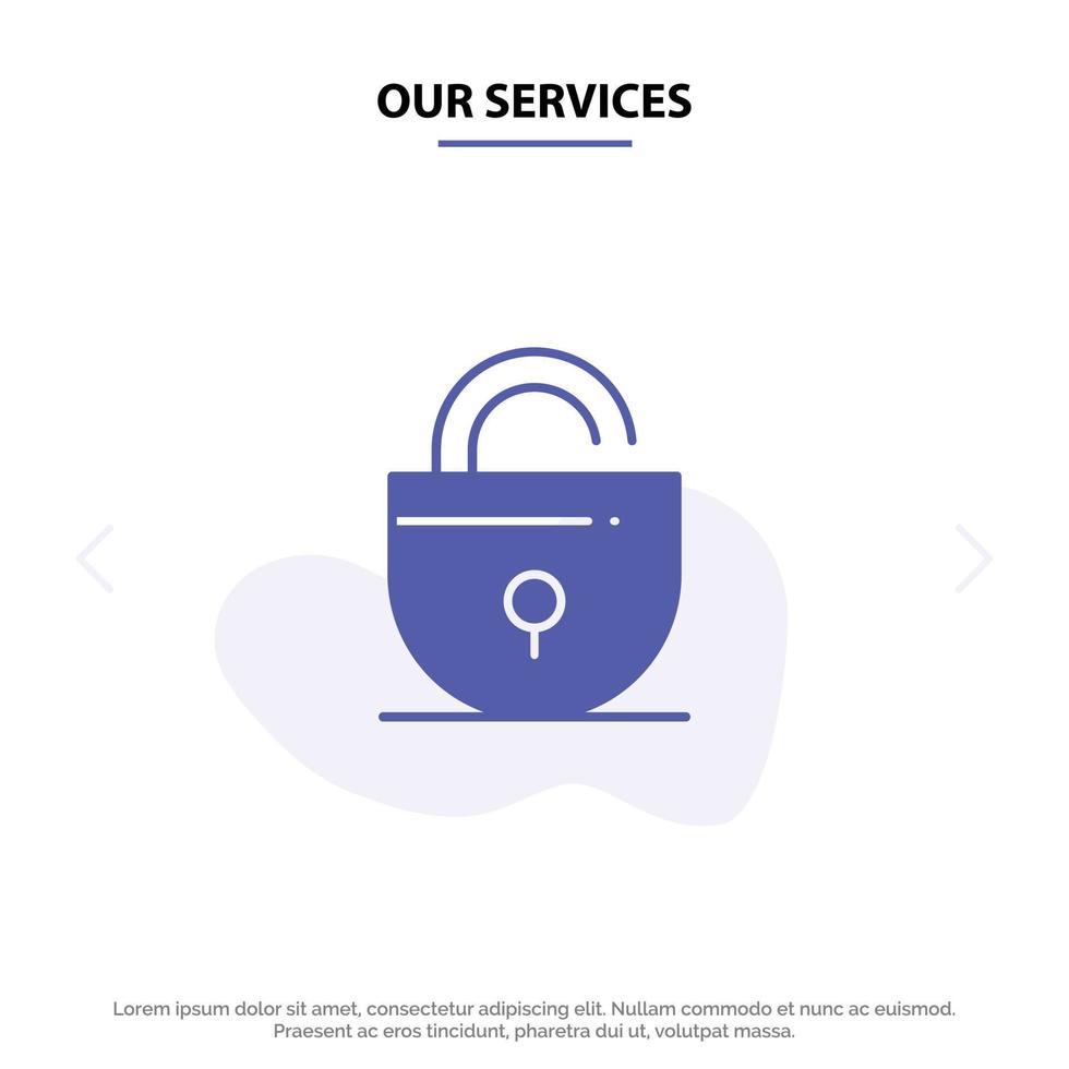 Our Services Lock Locked Security Internet Solid Glyph Icon Web card Template vector