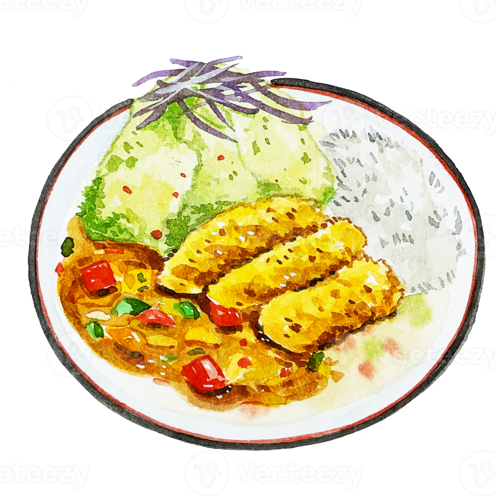 Japanese food watercolor Crispy Chicken Curry Rice png