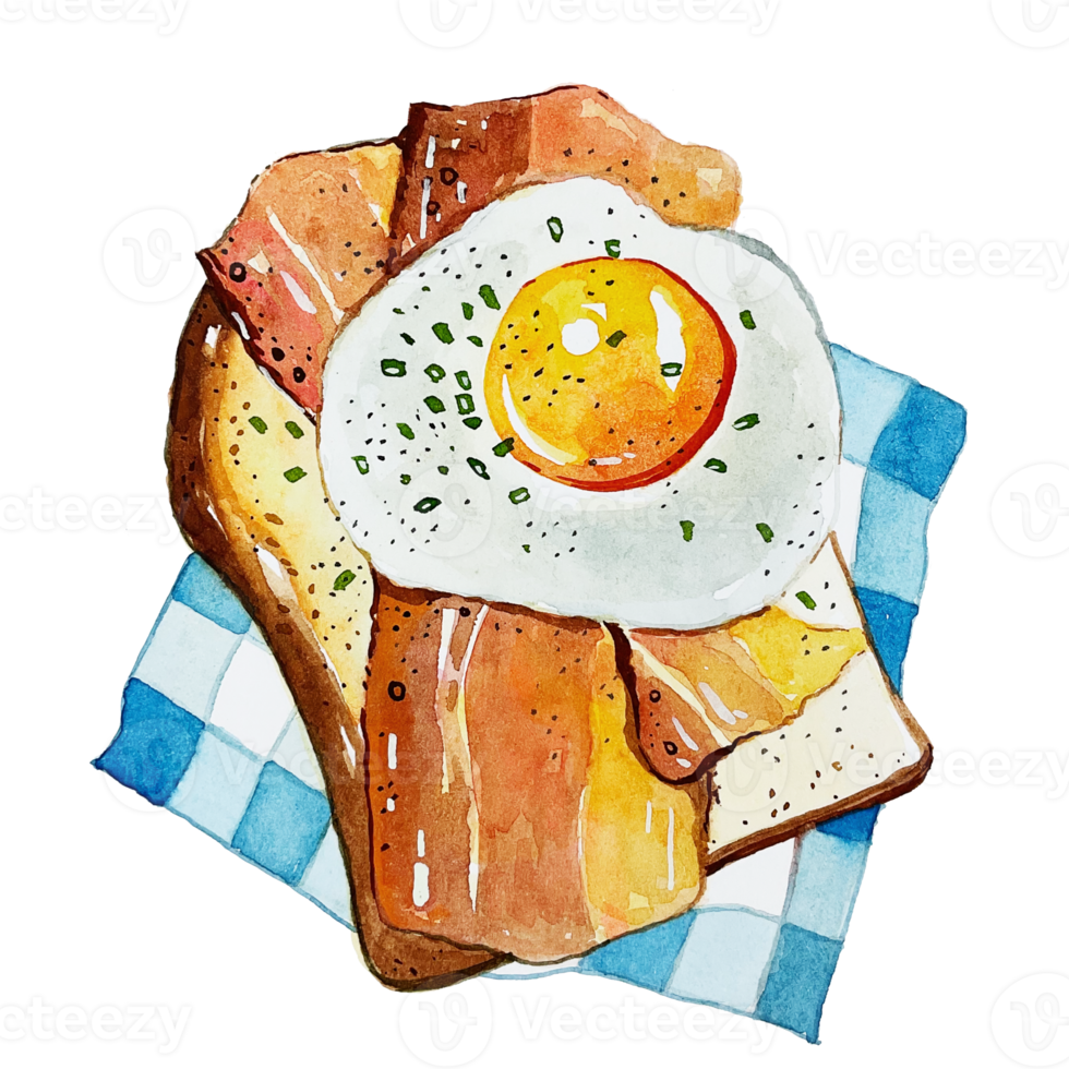 Watercolor Japanese food, bread, bacon, poached egg png