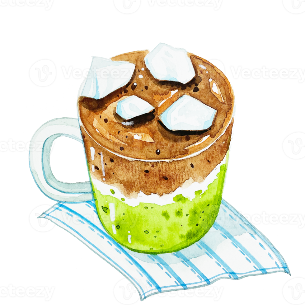 Watercolor iced matcha espresso fusion png