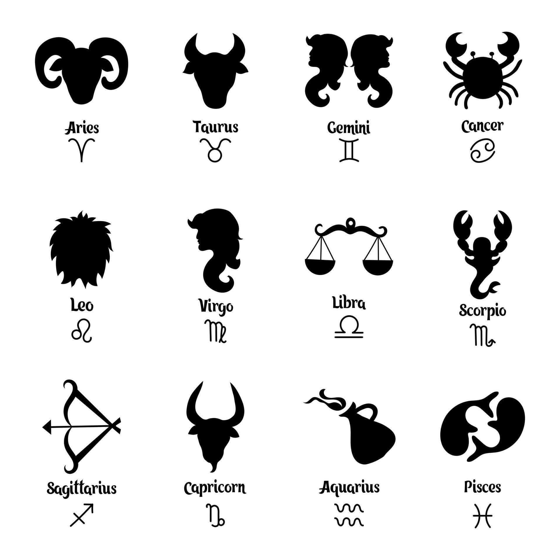 Set of zodiac signs and their names. Black and white design. Icons ...