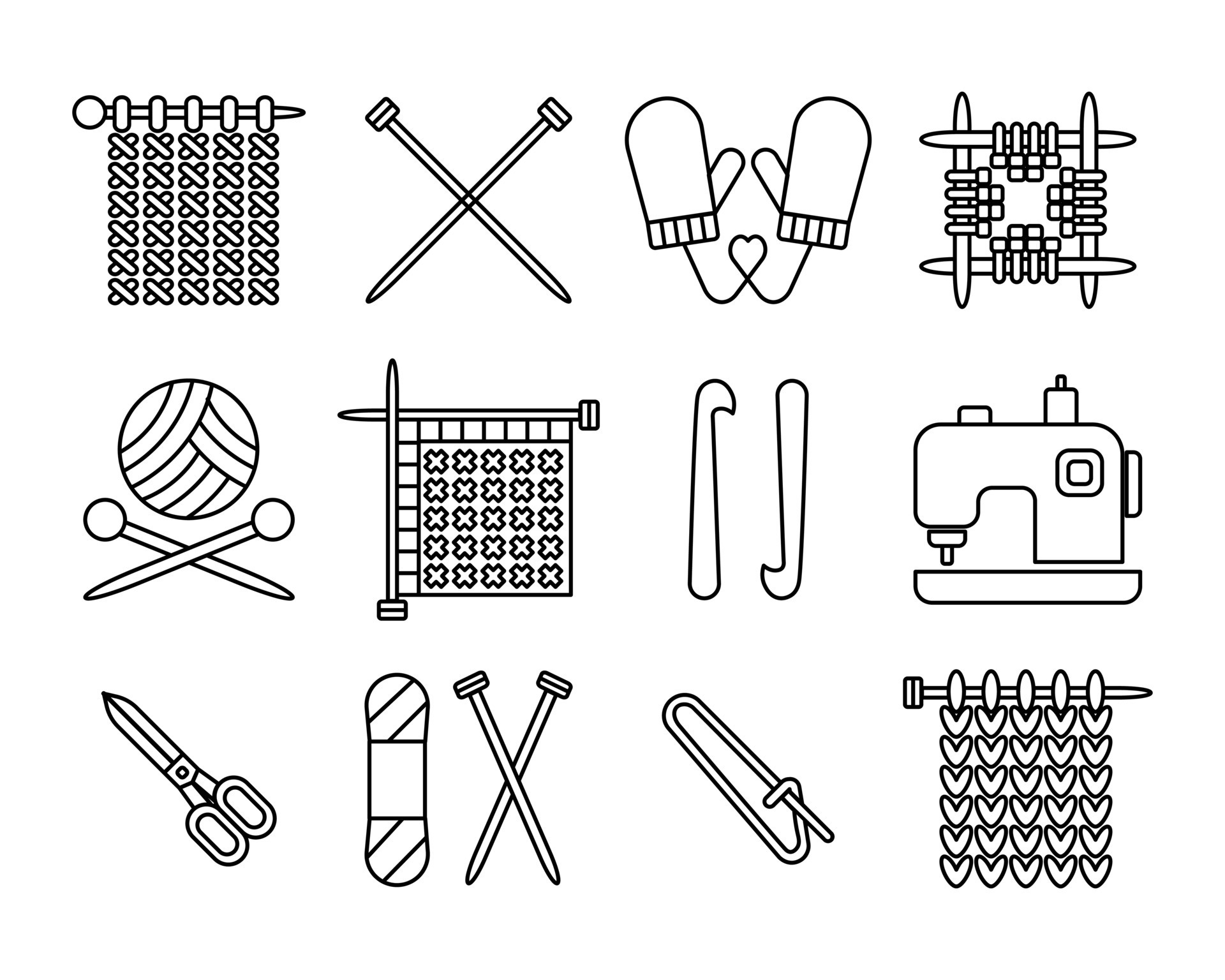 Knitting, outline icons set. Knitting needles thread hook scissors