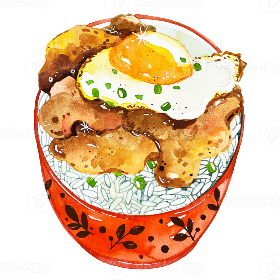 Watercolor Japanese food, beef rice bowl png