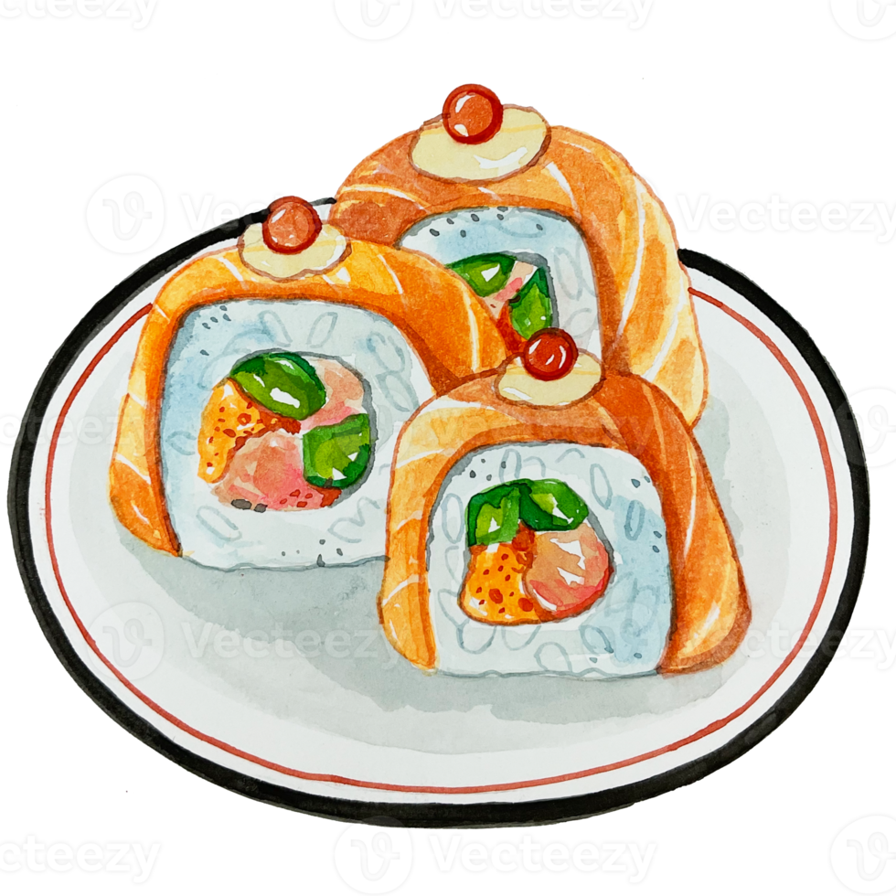 Watercolor Japanese food salmon aburi roll png