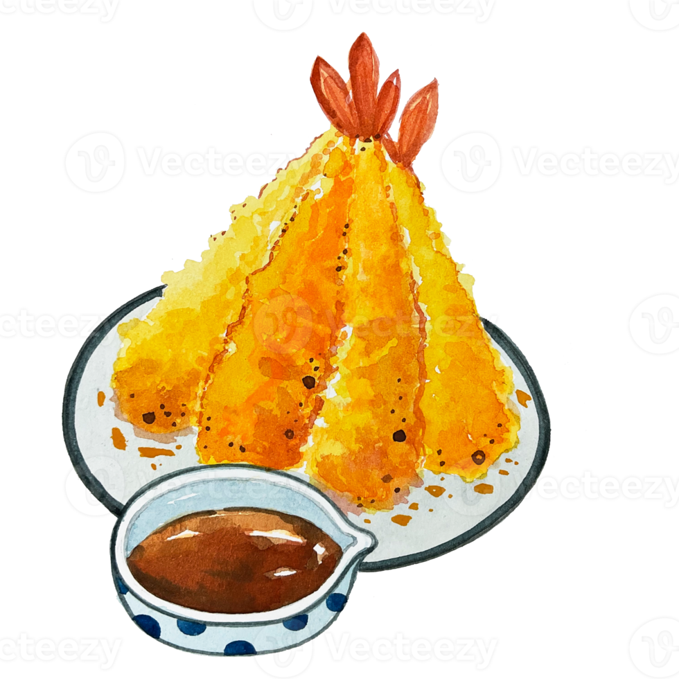 acuarela comida japonesa camarones tempura png