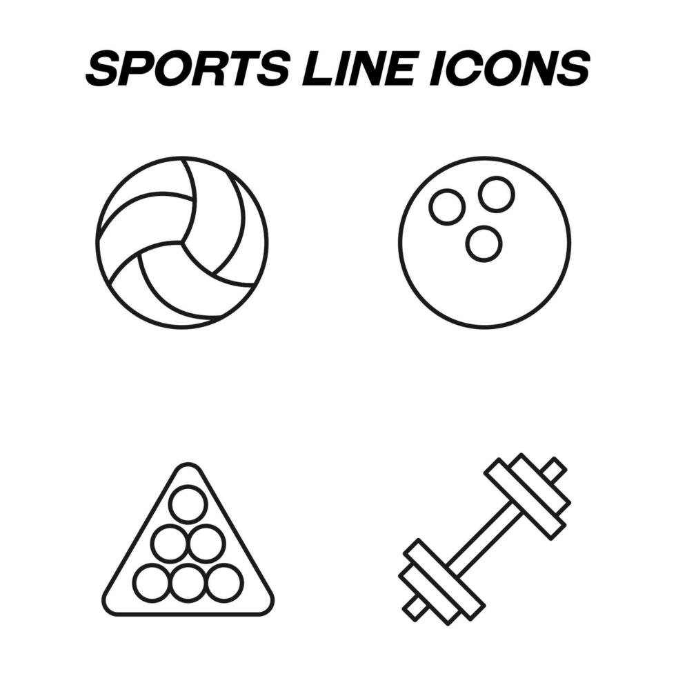 Minimalistic outline signs drawn in flat style. Editable stroke. Vector line icon set with symbols of volleyball, bowling, billiard, dumbbell