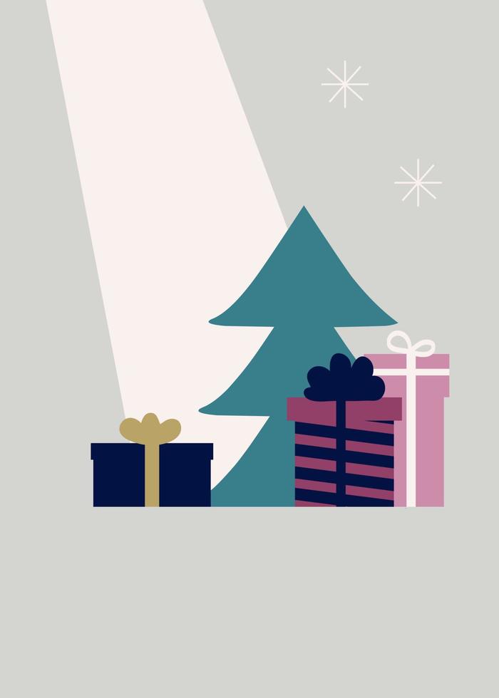 feliz navidad diseño moderno, regalos navideños, elementos de invierno, árbol de navidad. ilustración vectorial dibujada a mano en estilo plano vector