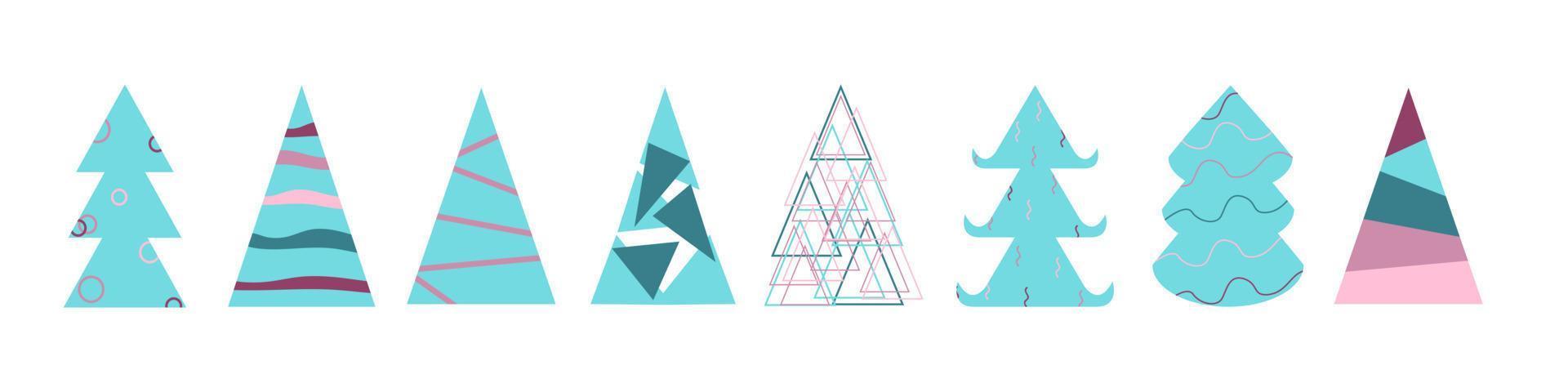 Set of abstract Christmas trees made of trendy geometric shapes in 2023 colors. vector