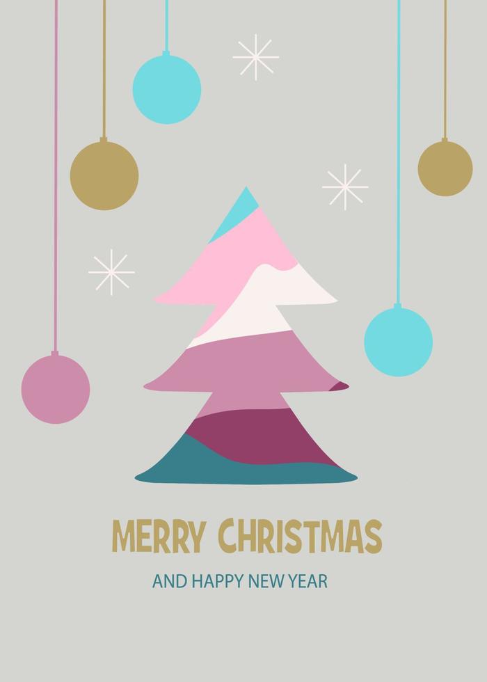 Merry Christmas modern design. Christmas tree and Christmas balls in trendy colors for 2023. Hand drawn vector illustration in flat style
