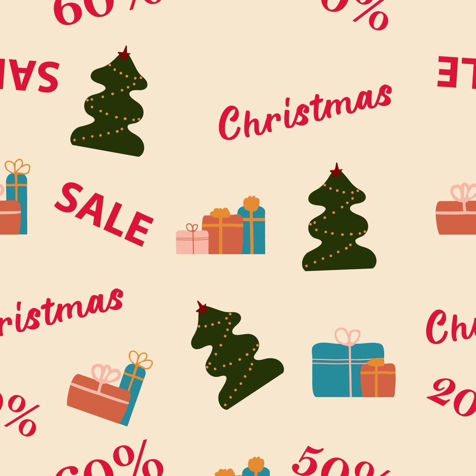 Seamless pattern with Christmas sale. Hand drawn christmas tree and gifts in flat style. vector