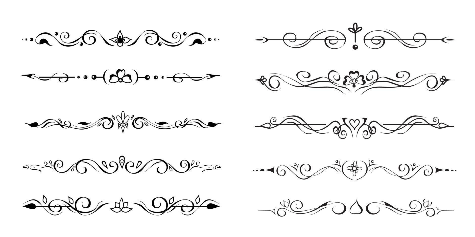 Set of Ornate Text Delimiters, Dividers, Page Bottom Decorative Borders, Vignettes. Hand-Drawn Romantic Elements vector