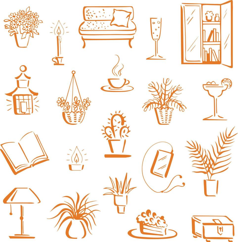 Home Hygge, Relax Ambience With Things for Stay-at-Home Leisure and Indoor Lifestyle. Collection of Cute Doodle Objects vector