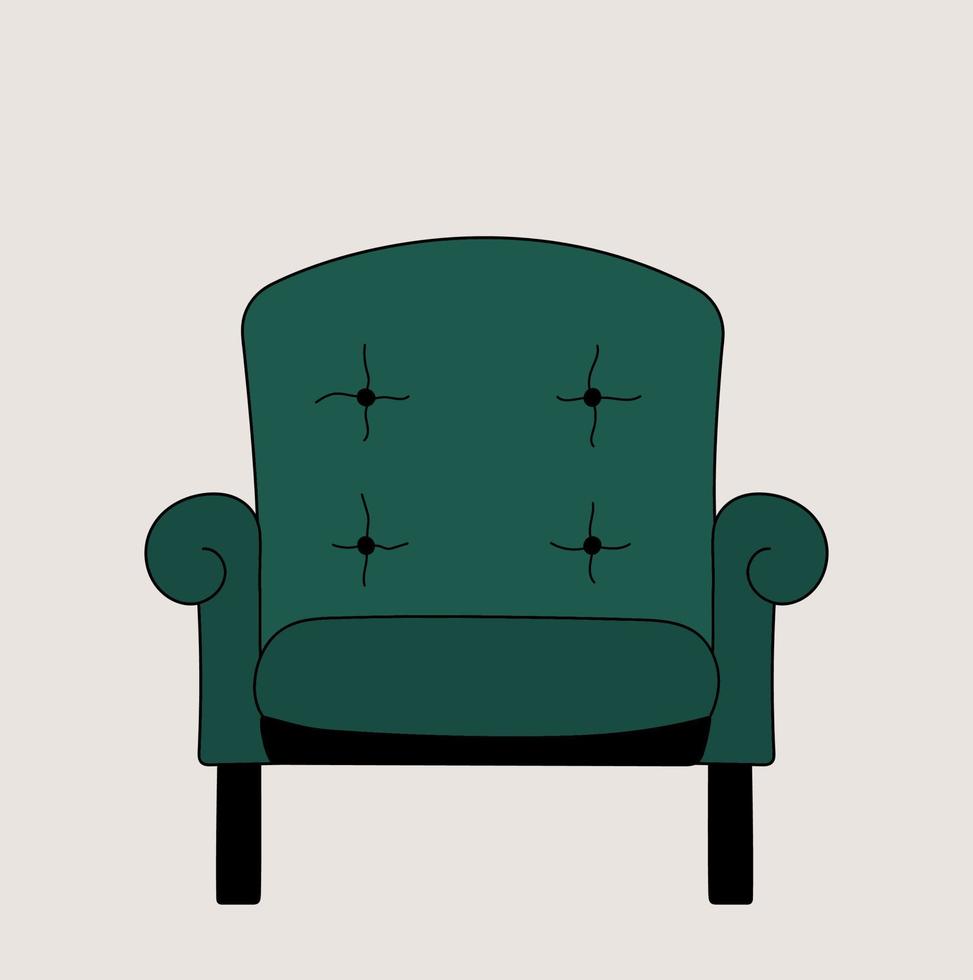 Emerald doodle armchair isolated. Hand drawn cozy vector armchair