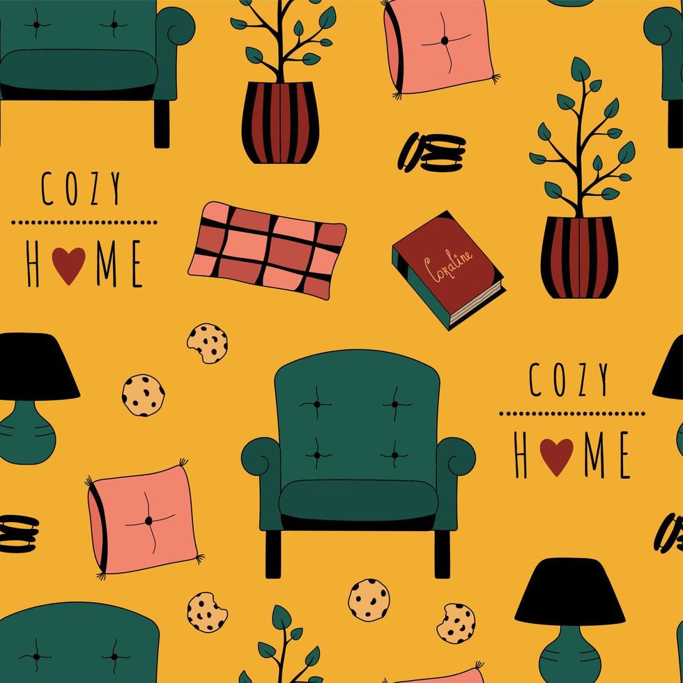 Cozy home seamless hand drawn pattern. Print with armchair, pillows, cookies, lamp. Interior items cute background vector