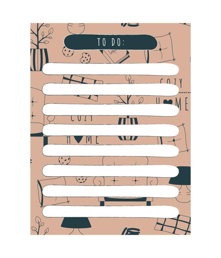To do list template. Daily planner note paper. Decorated cozy home, interior items. Vector illustration