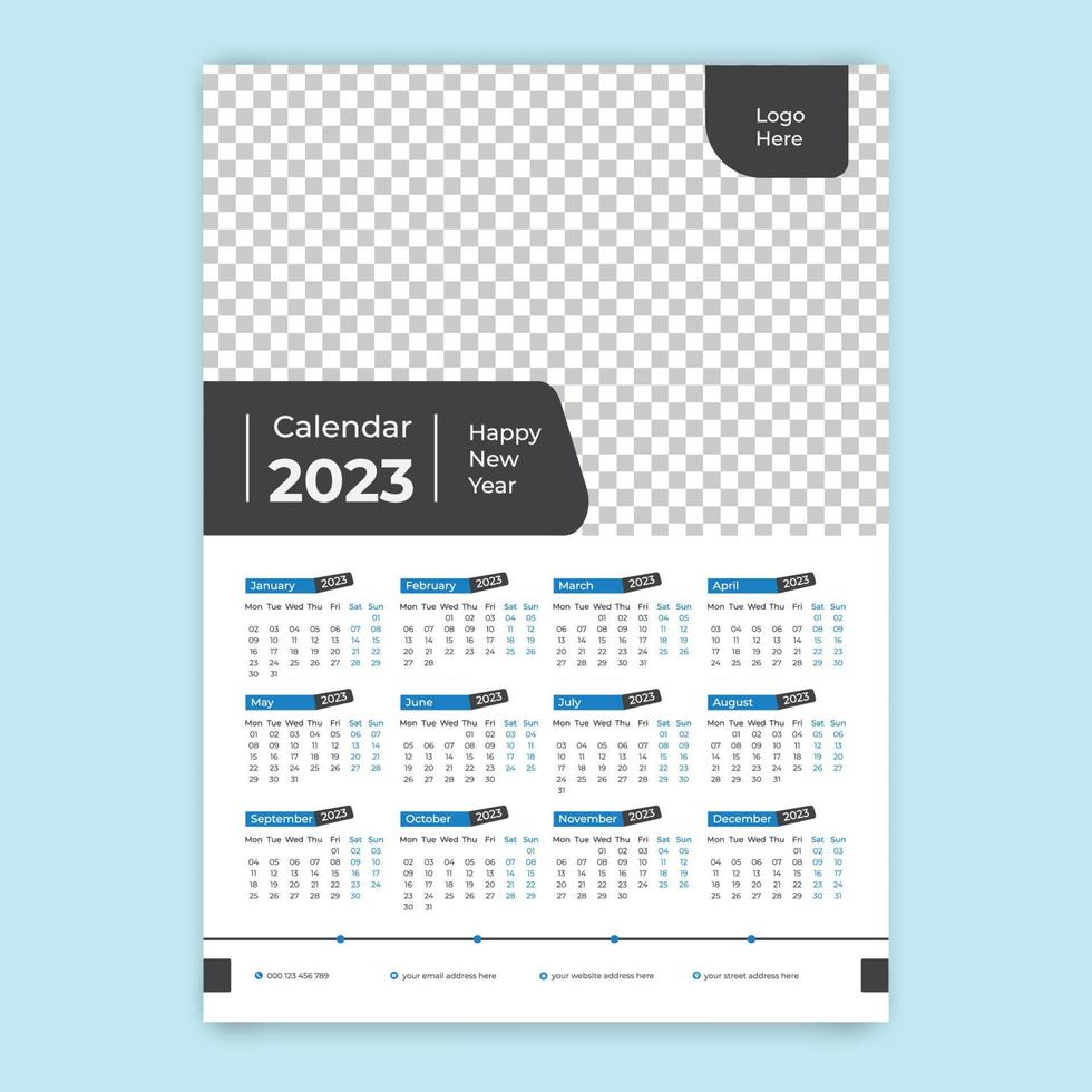 vector de diseño de plantilla de calendario de pared 2023, plantilla de calendario de pared de una página 2023