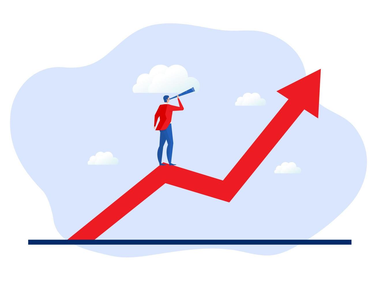 gerente de negocios de crecimiento futuro usando un telescopio para ver el futuro de pie en la parte superior del gráfico de mercado de flecha ascendente. visión de desarrollo de carrera, vector de concepto de pronóstico de ganancias y ganancias