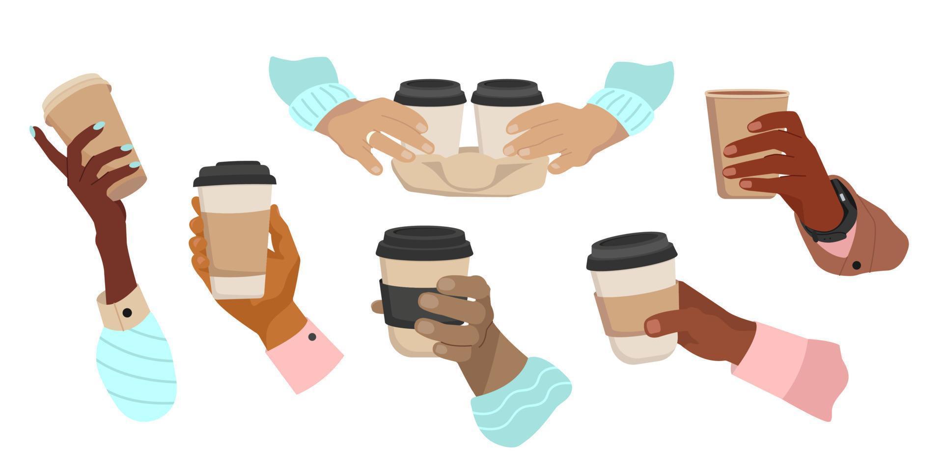 Diverse Hands of multicultural people holding Coffee cups. Concept of Coffee to go.  Breakfast hot drinks and beverage. Flat vector cartoon illustration isolated on white.