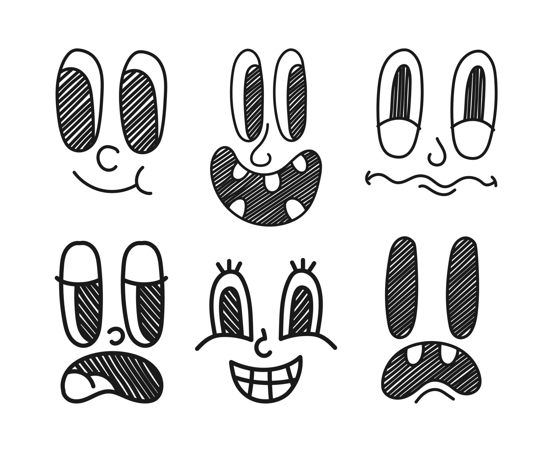 Vintage 50s cartoon and comic happy facial expressions. Old animation funny  face caricatures. Retro quirky characters smile emoji vector set. Cute  avatars with big eyes, cheeks and mouth 13150556 Vector Art at