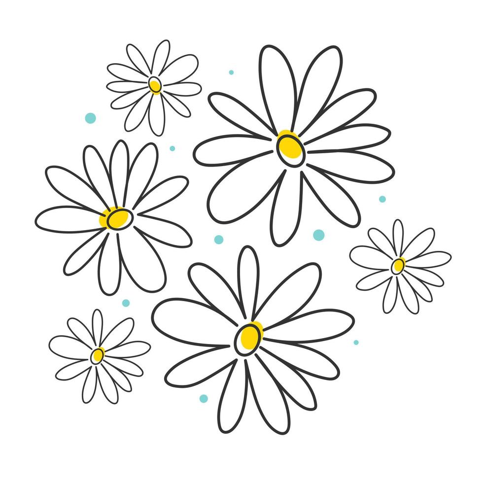 flores de dibujo de tinta negra, ilustración botánica artística monocromática aislada en fondo blanco. elementos vectoriales florales dibujados a mano. pequeñas pinceladas. imágenes prediseñadas de manzanilla y margarita. vector