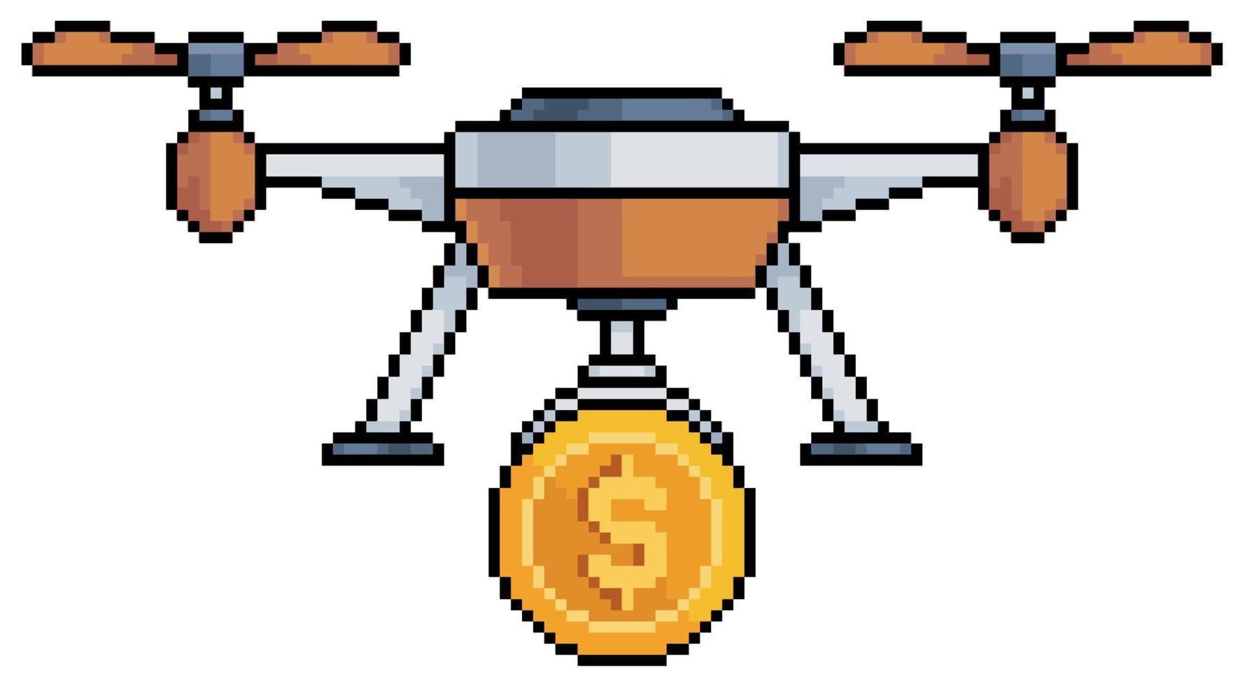 Pixel art drone with coin and money vector icon for 8bit game on white background