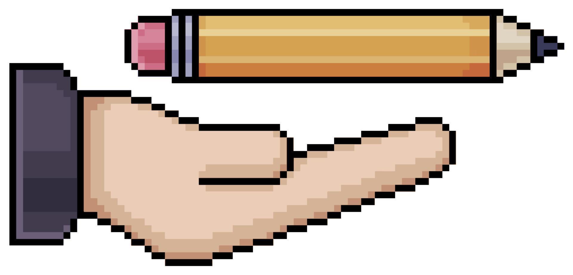 Pixel hand holding pencil vector icon for 8bit game on white background