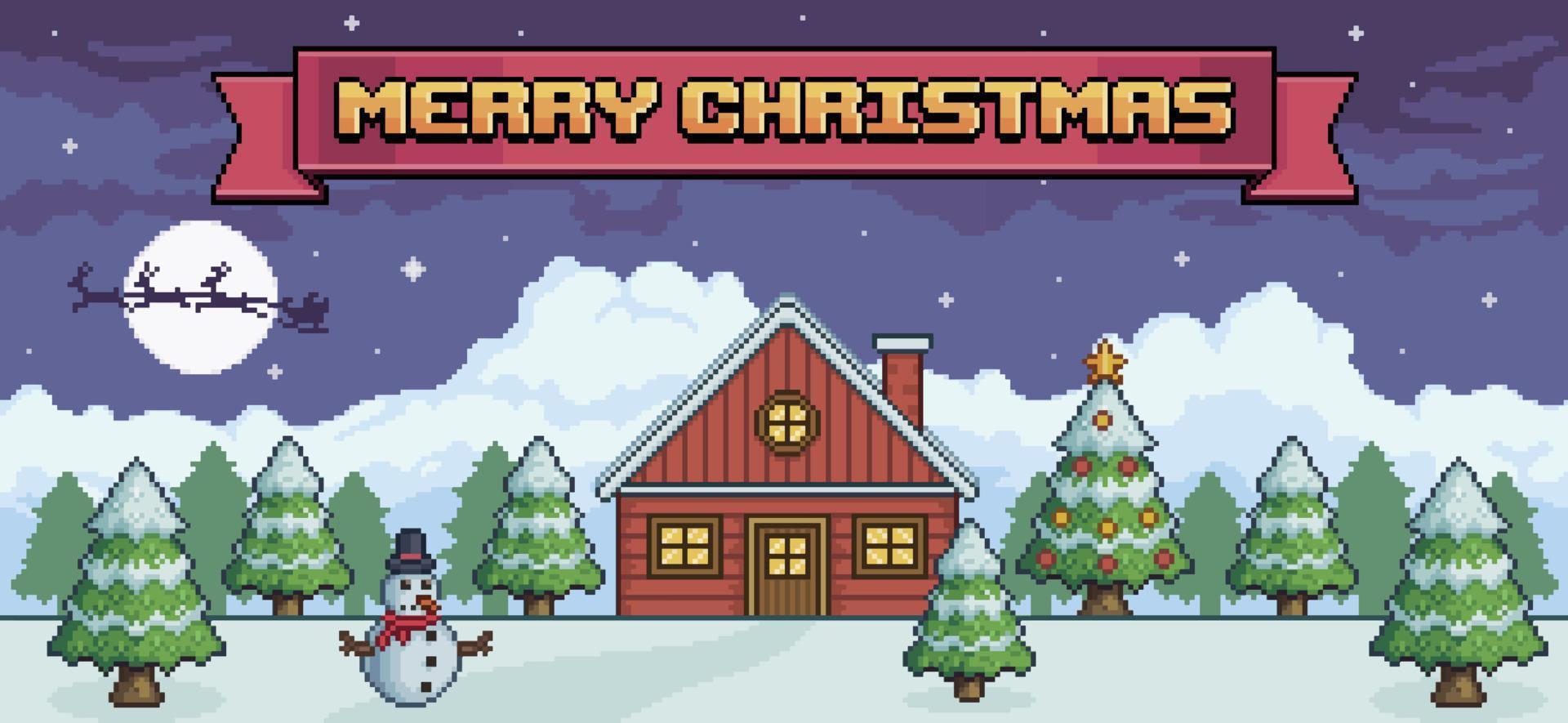 Pixel art christmas landscape at night with red house, christmas tree, snowman, santa claus, pine trees, ribbon with merry christmas 8 bit game background vector