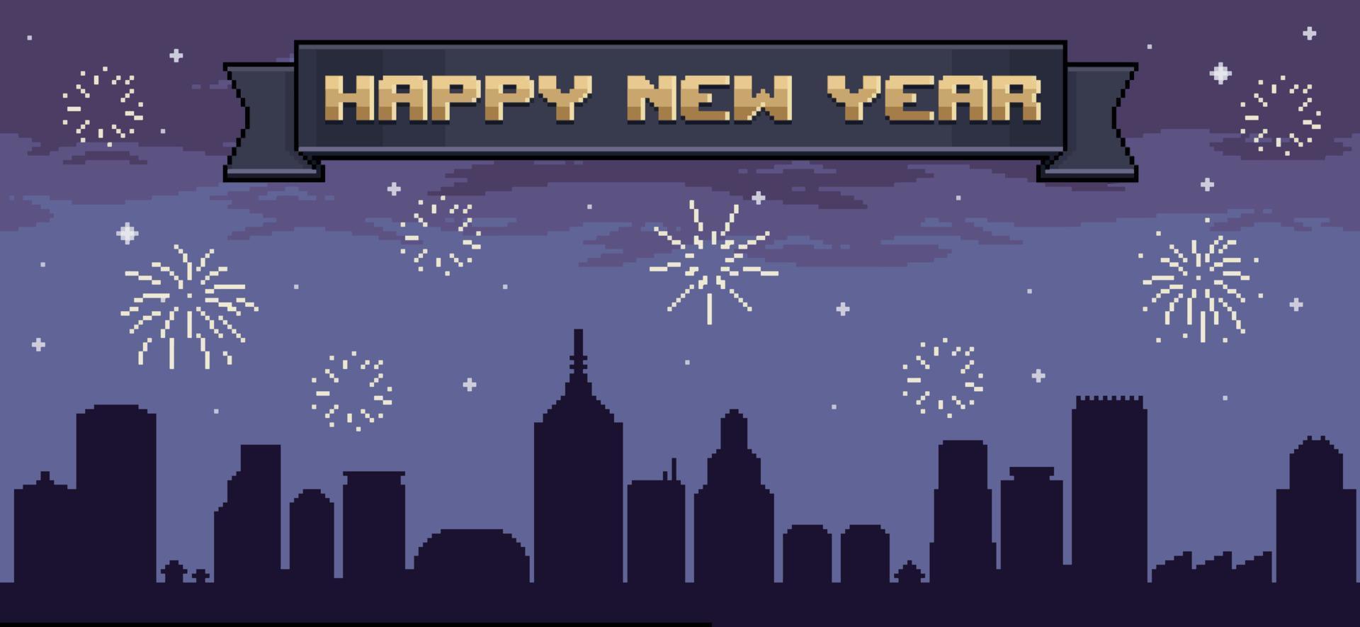 Pixel art city background with new year fireworks, black ribbon happy