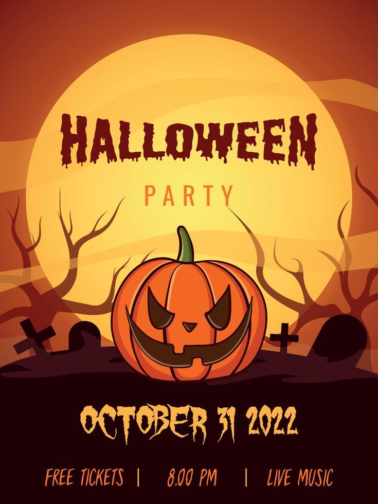 Halloween party poster, flyer vector illustration, scary face pumpkin