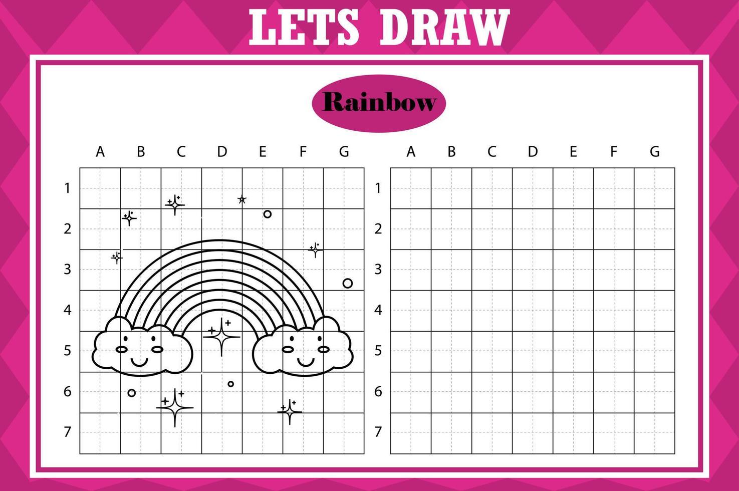 Draw cute rainbow. Grid copy worksheet. educational children game. Drawing activity for toddlers and kids. Vector Holiday drawing practice worksheet.