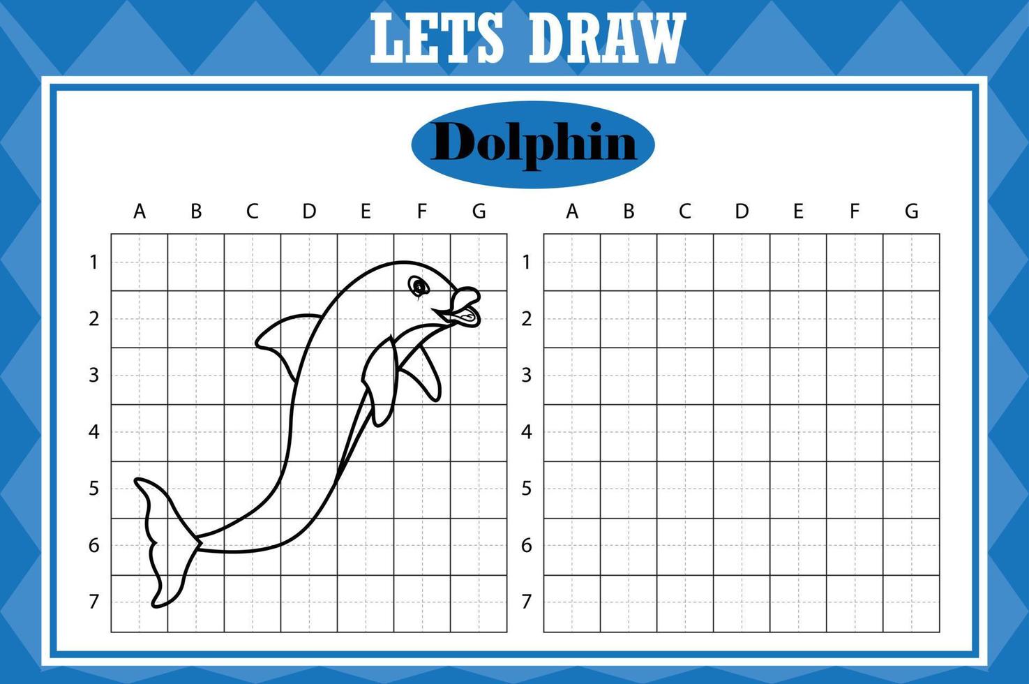 Draw cute dolphin. Grid copy worksheet. educational children game. Drawing activity for toddlers and kids. Vector Holiday drawing practice worksheet.