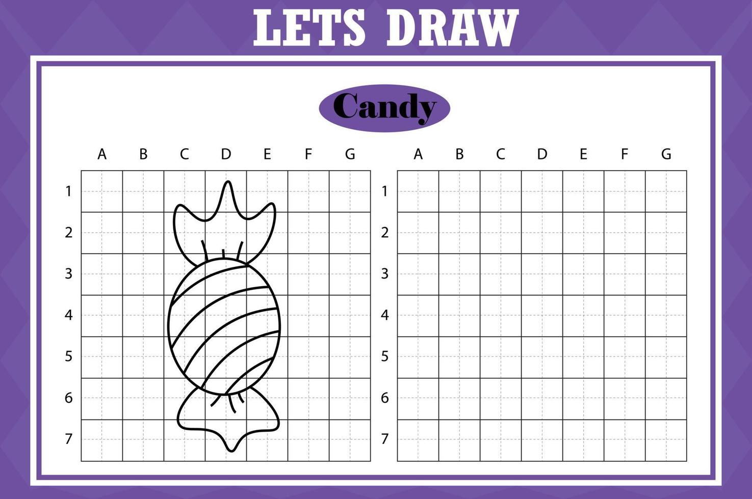 Draw cute candy. Grid copy worksheet. educational children game. Drawing activity for toddlers and kids. Vector Holiday drawing practice worksheet.