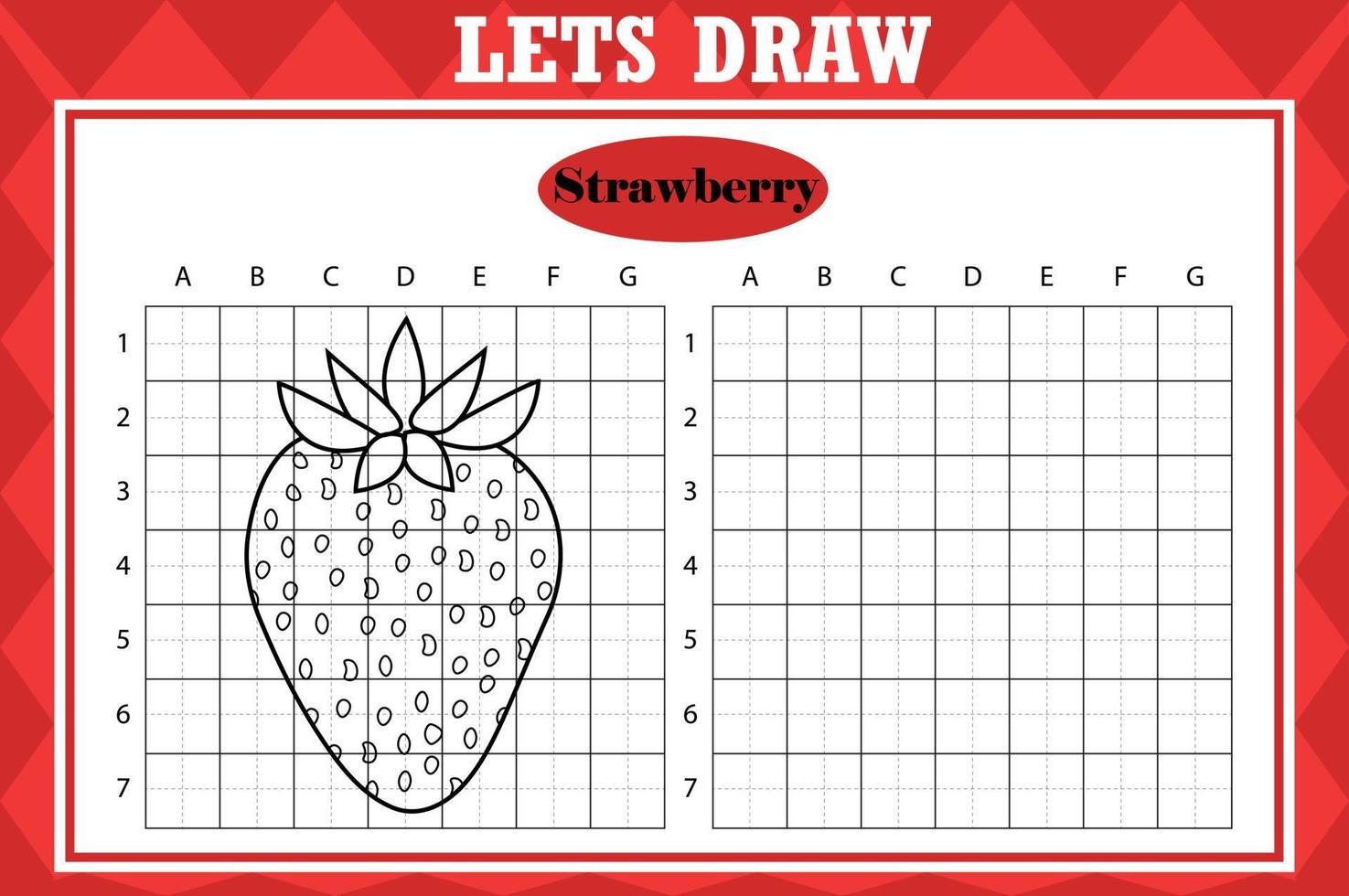 Draw cute strawberry. Grid copy worksheet. educational children game. Drawing activity for toddlers and kids. Vector Holiday drawing practice worksheet.