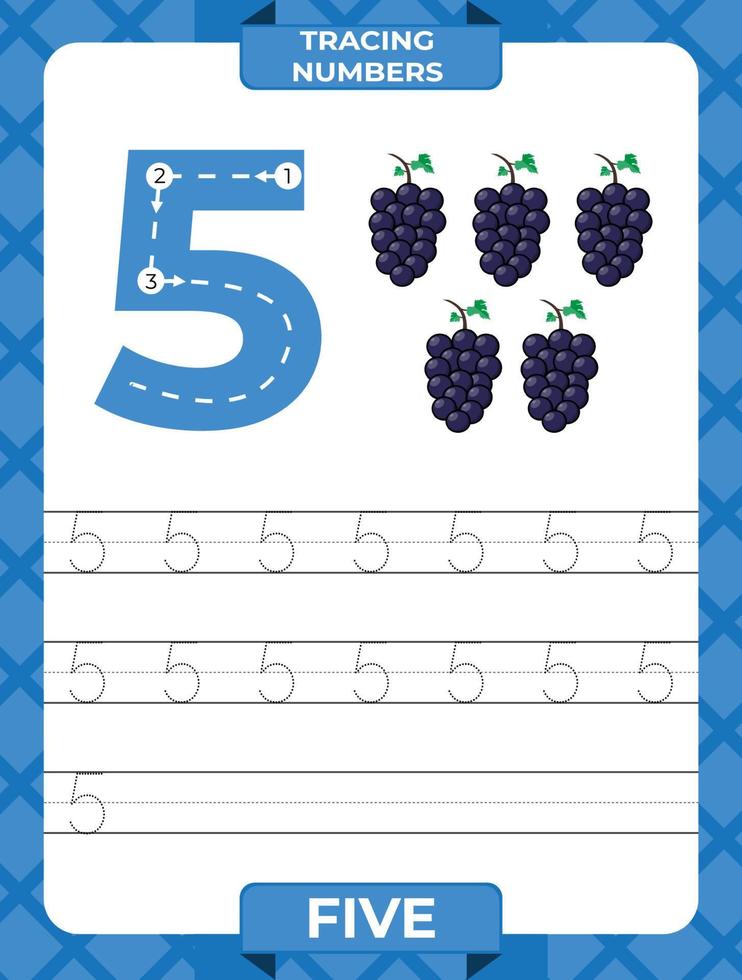 Number 5 trace, Worksheet for learning numbers, kids learning material, kids activity page vector