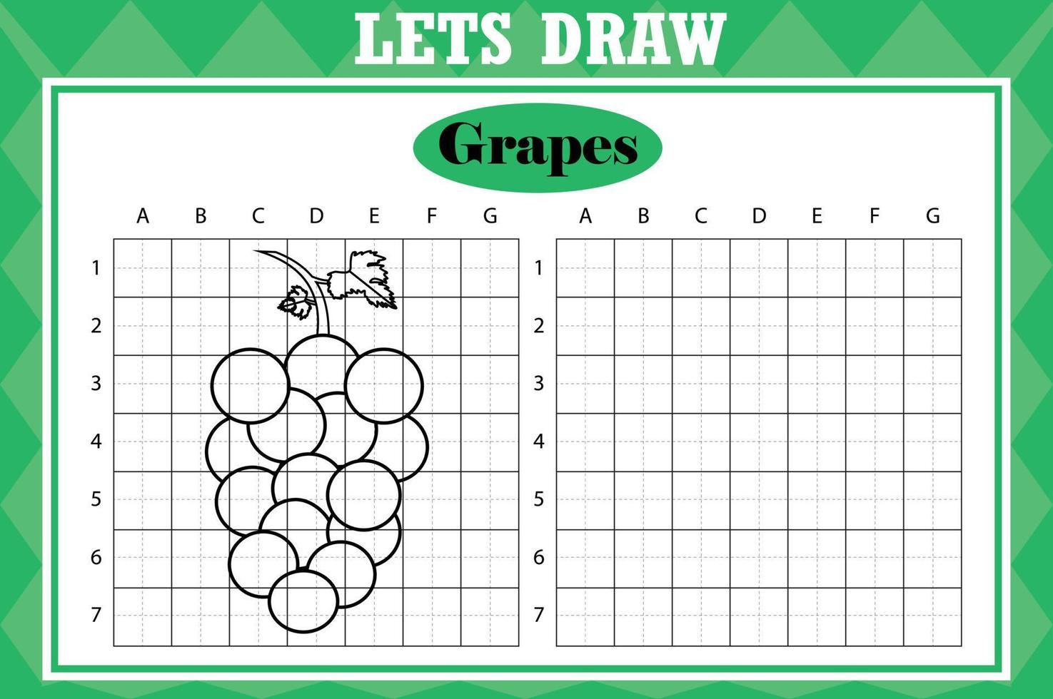 Draw cute grapes. Grid copy worksheet. educational children game. Drawing activity for toddlers and kids. Vector Holiday drawing practice worksheet.