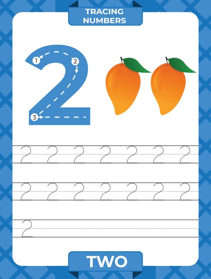 Number 2 trace, Worksheet for learning numbers, kids learning material, kids activity page vector