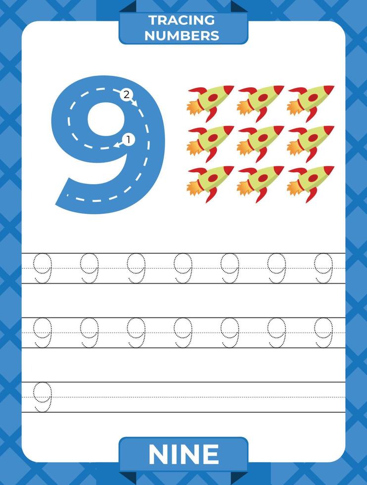 Number 9 trace, Worksheet for learning numbers, kids learning material, kids activity page vector