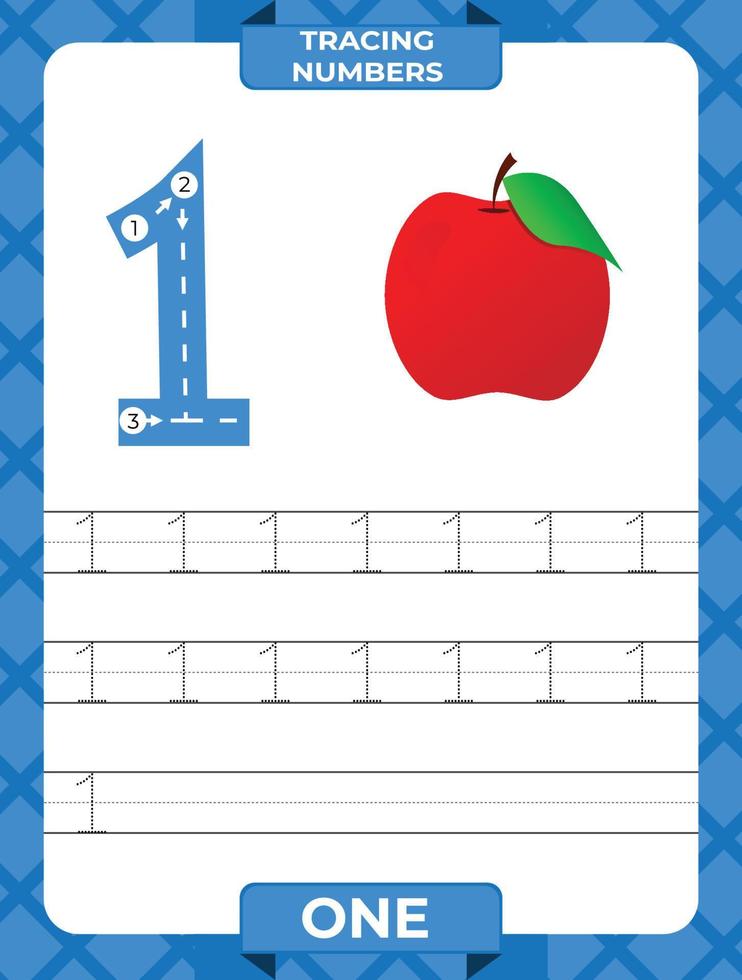 Number 1 trace, Worksheet for learning numbers, kids learning material, kids activity page vector