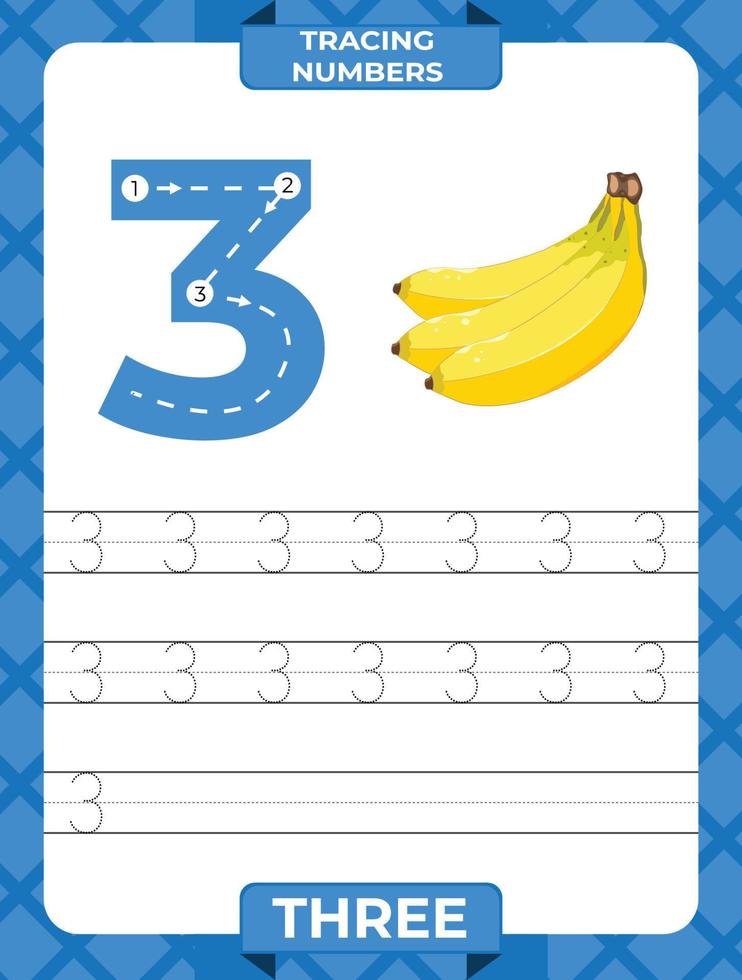 Number 3 trace, Worksheet for learning numbers, kids learning material, kids activity page vector