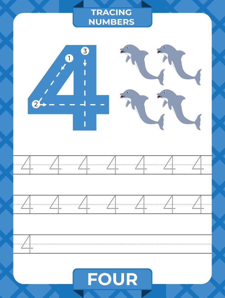Number 4 trace, Worksheet for learning numbers, kids learning material, kids activity page vector